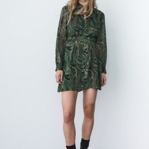 Zara Green Paisley Printed Shirt Dress with Gold Buttons, Size XL